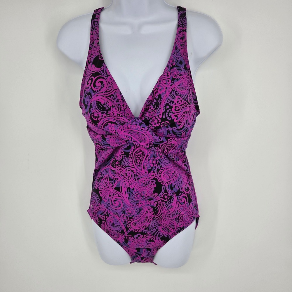 Speedo Womens Purple Black Paisley One Piece Swimsuit Size 14 V-Neck Crossback